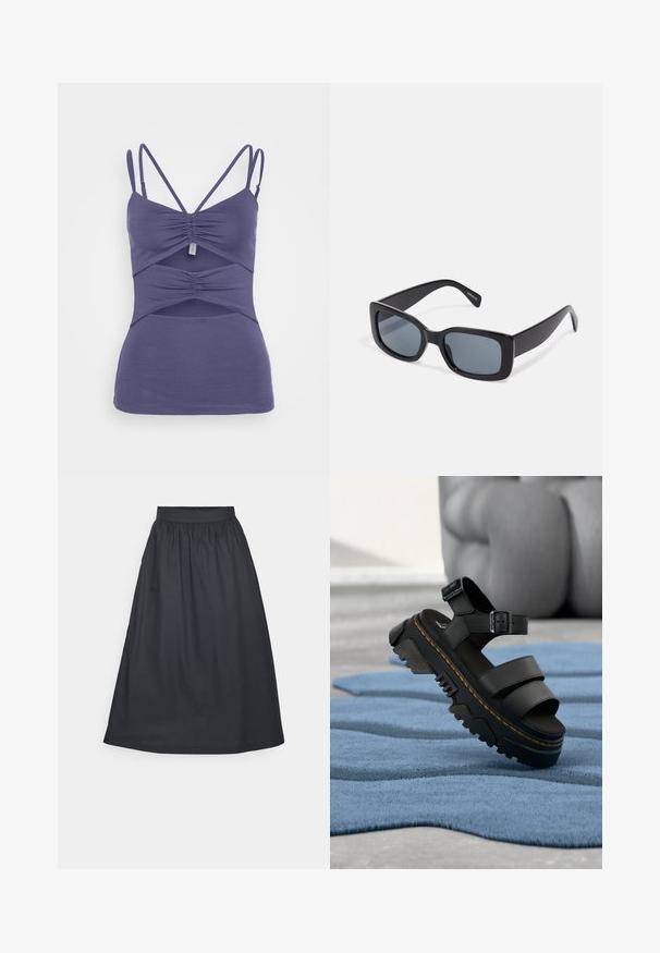 Samsøe Samsøe MONA TOP - Topp - nightshadow blue; Mustast keskmise pikkusega seelik kummipaelaga, valmistatud kergest kangast, ümarate voldikute ja sileda tekstuuriga.; Must platvormsandaal paksu taldiga, reguleeritava pahkluu rihmaga ja kollase õmblusega, mis on asetatud sinisele tekstureeritud kangale.; Mustad mustad prillid tumedate läätsedega, paks plastikraam ja laiad templid. Sile pind ja nurgeline disain.