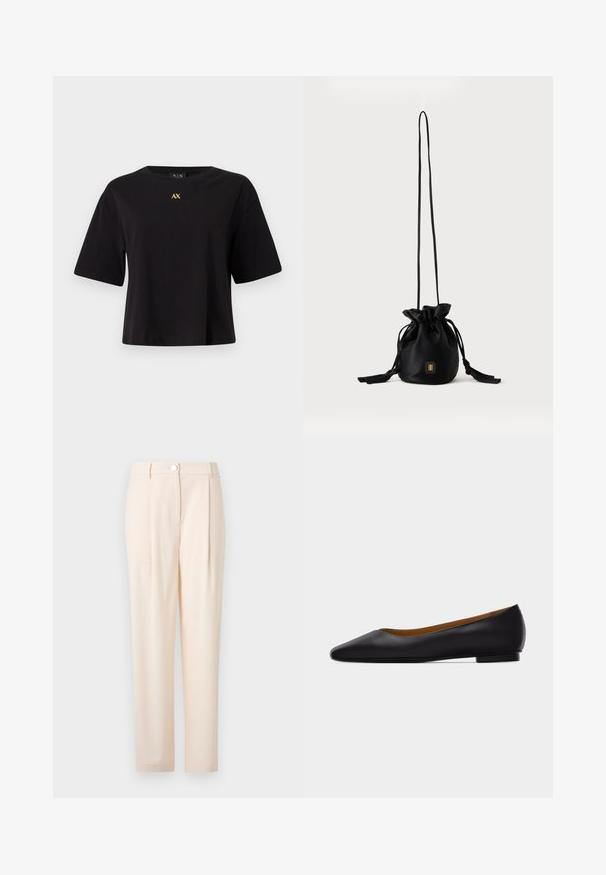 T-shirt noir à manches courtes en coton avec une coupe décontractée, arborant un logo doré "AX" centré sur la poitrine.; Un pantalon beige clair au design ajusté, comportant un fermoir à l'avant, un tissu lisse, une coupe droite et sans motifs ni accents visibles.; Chaussure plate en cuir noir à bout pointu avec talon bas et finition lisse, vue de côté sur un fond gris clair.; Sac seau noir à cordon avec une longue sangle fine et un petit logo carré doré sur le devant, présenté sur un fond uni.