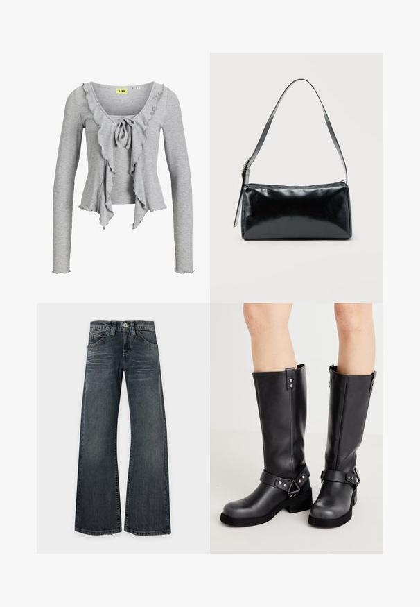 Lysegrå langærmet strikket top med flæset åben front bundet ved brystet og subtile flæsekantede kanter ved nederdel og ærmer.; Mørkvaskede jeans med brede ben, let falmede lår, klassisk fem-lomme design og synlige stikninger, lagt fladt på en hvid baggrund.; Sorte læder støvler i knæhøjde med bred skaft, remdetaljer, sølv hardware og flad sål. Glat tekstur med en let glans.; Sort rektangulær skuldertaske med en enkelt justerbar rem og lynlås i toppen på en ensfarvet baggrund.