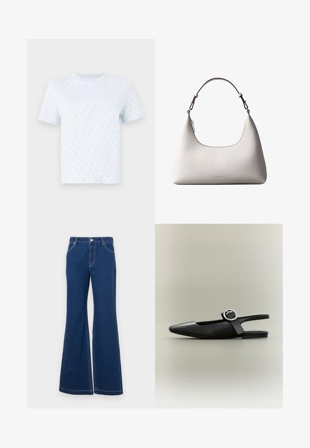 Lysblå kortærmet t-shirt med et gentaget logo-mønster, rund halsudskæring og blød stoftekstur. Minimalistisk design.; Mørkeblå sænkede jeans lavet af denim. Funktioner inkluderer bæltesløjfer, forreste lommer og kontraststing. Bred benåbning.; Sort spids flat slingback-sko med sølv spænde og lav hæl på en neutral baggrund.; Cremefarvet skuldertaske i læder fra Calvin Klein med buet topkant, sølvfarvet lynlås og mørkebrun justerbar rem.