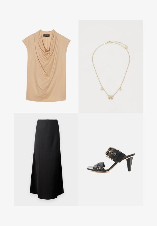 Haut beige drapé en tissu doux, avec des manches courtes et un col drapé. Texture lisse avec des plis subtils.; Jupe midi noire avec une texture lisse, conçue avec une taille haute et une fente sur le côté, présentant une silhouette simple et sans ornements.; Sandale noire à talon haut avec bride avant tissée et large bride à la cheville ornée d'une grande boucle dorée sur fond blanc.; Collier en or avec un pendentif en forme de papillon au détail complexe, complété par deux petits charms floraux attachés. La chaîne est délicate.