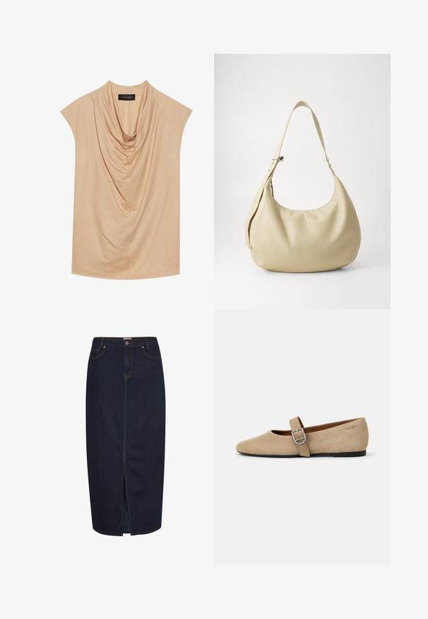 Beige draperet top lavet af blødt stof med korte ærmer og en cowl-halsudskæring. Glat tekstur med subtile folder gennem hele toppen.; Mørk denim maxi-nederdel med en frontslids. Har orange syninger og et klassisk fem-lomme design. Knaplukning i taljen.; Beige ruskind Mary Jane flade sko med spids tå og et enkelt justerbart strop med en sølv spænde. Sort flad sål.; Beige læder skuldertaske med en buet form, justerbar rem og præget logo detalje, der har en glat tekstur og minimalistisk design.