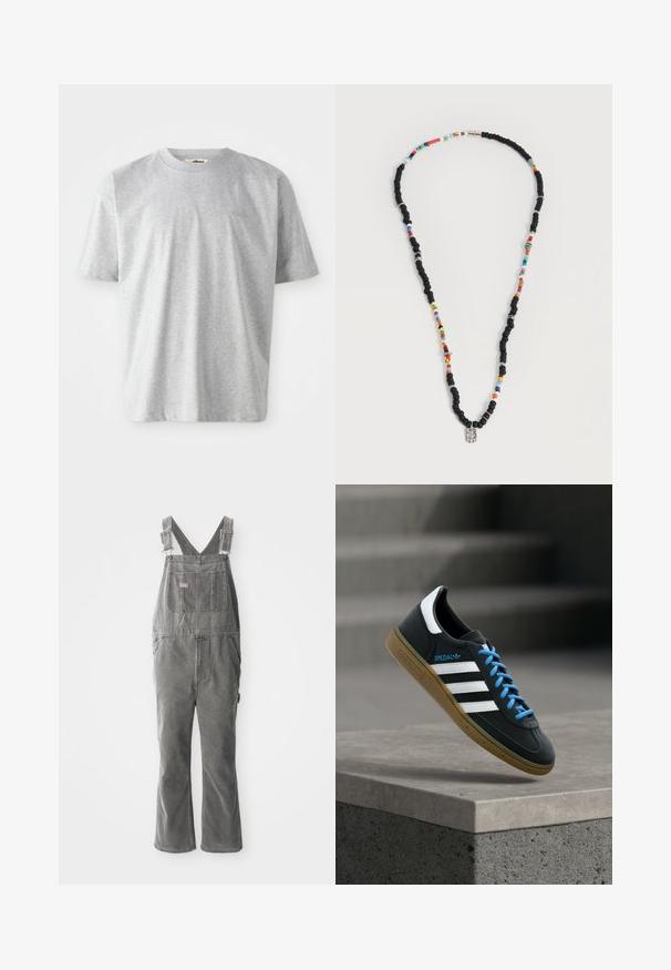 Grijs t-shirt met korte mouwen, gemaakt van zacht materiaal. Het heeft een ronde halslijn en een subtiele geborduurde logo op de voorkant.; Grijze denim salopettes met verstelbare bandjes, een borstzak aan de voorkant, zakken aan de zijkanten en flared pijpen. Stevige stof en een ontspannen pasvorm voor comfort.; Zwarte Adidas-sneaker met witte strepen, blauwe veters en een gumzool die boven een grijze betonnen trede zweeft in zacht licht.; Ketting met afwisselend zwarte en meerkleurige kralen, met kleine zilveren ringen en een rechthoekige doorzichtige kraalhanger.