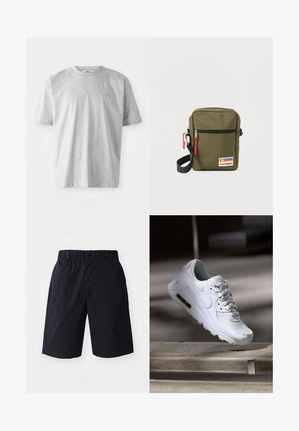 Grijs t-shirt met korte mouwen, gemaakt van zacht materiaal. Het heeft een ronde halslijn en een subtiele geborduurde logo op de voorkant.; Zwarte shorts van lichtgewicht stof, met een rechte voorkant, een elastische tailleband en zijzakken. Eenvoudig ontwerp zonder patronen.; Witte Nike Air Max 90 sneaker met een bovenwerk van mesh en leer, een geperforeerde teenbox en een zichtbare luchtunit in de hiel.; Compact olijfgroene crossbodytas met zwarte band, voorvak met ritssluiting en rode trekkoordjes, en een "montagne"-patch met zonsondergangstrepen.