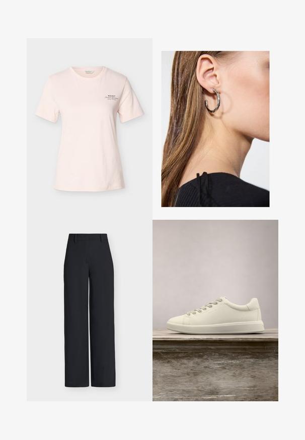 Lichtroze T-shirt met korte mouwen en ronde hals, met kleine zwarte tekst "GANT American Sportswear New Haven" op de linkerborst.; Zwarte broek met hoge taille en wijde pijpen, riemlussen en een verborgen voorzijde sluiting.; Witte leren sneakers met lage schacht, vetersluiting en een platte rubberen zool, weergegeven vanaf de zijkant op een effen achtergrond.; Zilveren oorbel met een gepolijste afwerking, met kleine gouden accentdetails en een ronde vorm, gedragen op de oorlel.