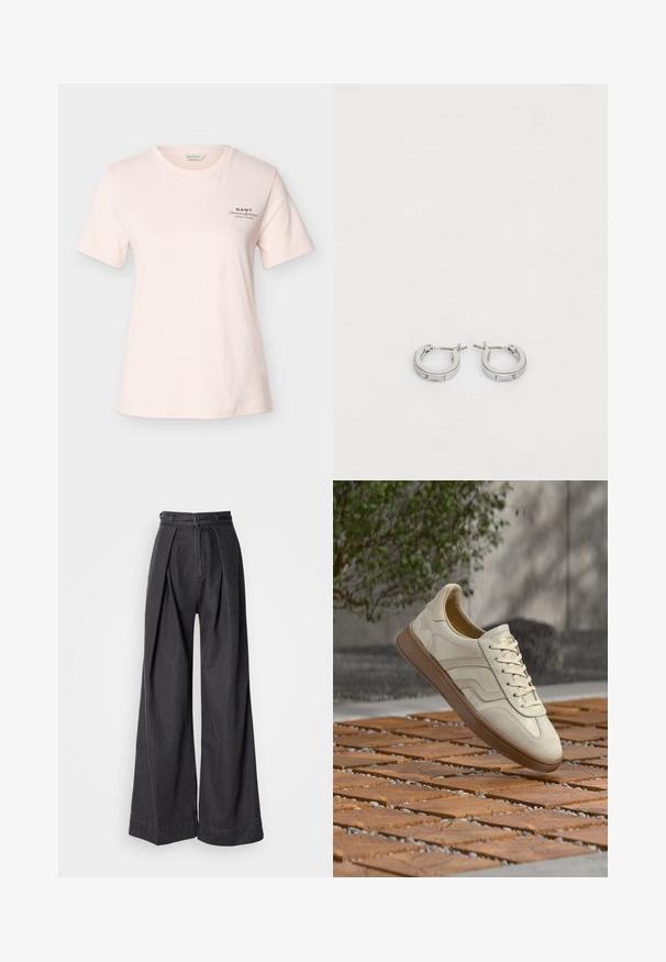 Hellrosa kurzärmliges T-Shirt mit Rundhalsausschnitt und kleinem schwarzen "GANT American Sportswear New Haven"-Schriftzug auf der linken Brust.; Schwarze Jeans mit weitem Bein und hoher Taille, ausgestattet mit vorderen Falten und einem klassischen Reißverschluss. Knackige, glatte Textur mit sauberen Abschlüssen.; Sneaker in cremefarben mit einer strukturierten, beigen Gummisohle, schnürungsdesign und dezentem Branding an der Seite. Glattes Lederobermaterial.; Silberne Creolen mit einer glatten, polierten Oberfläche, die ein einfaches Design und einen sicheren Verschluss aufweisen. Jede Ohrringform ist rund und kompakt.