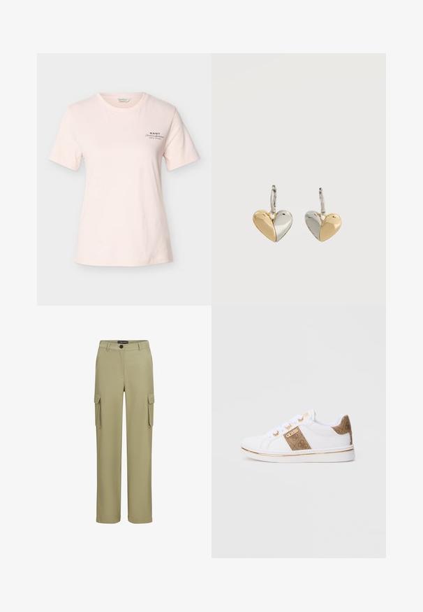 Lichtroze T-shirt met korte mouwen en ronde hals, met kleine zwarte tekst "GANT American Sportswear New Haven" op de linkerborst.; Khaki cargobroek van zacht materiaal. Heeft twee zijzakken en een knoopsluiting. Recht model met een nette afwerking.; Witte sneakers met een bruin, textuurpaneel met een logo, gouden accenten, ronde veters en een rubberen zool. Klassiek atletisch silhouet.; Paar hartvormige oorbellen met een tweekleurig ontwerp, waarbij de ene helft goud is en de andere zilver, bevestigd aan zilveren haken.