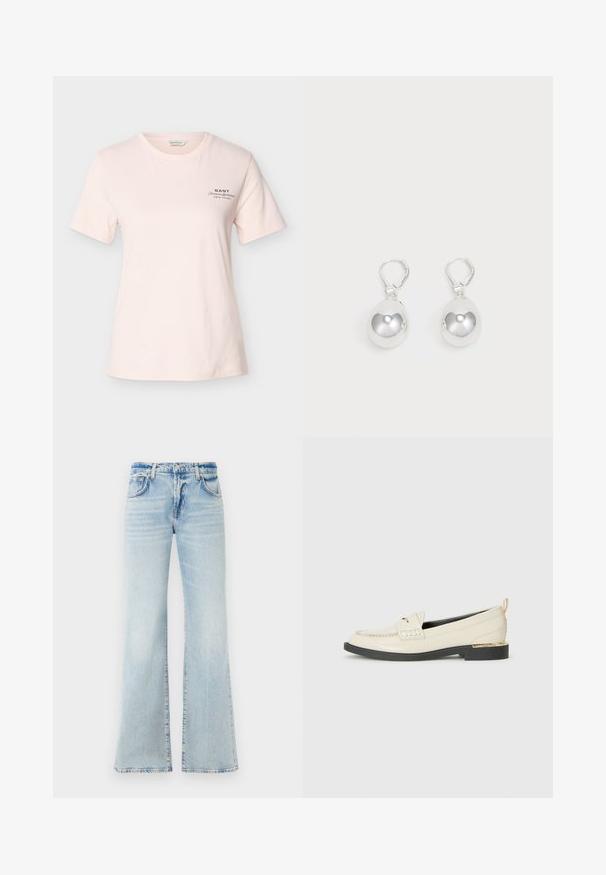 Hele heleroosa lühikeste varrukatega ümara kaelusega T-särk, millel vasakul rinnal väike must tekst "GANT American Sportswear New Haven".; Lihtsalt sinised florette teksad pehme tekstuuriga, viie tasku ja nööbiga kinnitusega. Omavad kulumise efekti loomiseks hääbumist.; Kreemvärvi nahast loafersid dekoratiivse rihmaga, õmblustega detailid ja madal must platvormitald, millel on kuldne konts.; Hõbedased langenud kõrvarõngad, millel on siledad, ümmargused, peegeldavad pinnad, mis ripuvad klamberkinnituselt. Taust on lihtne valge.