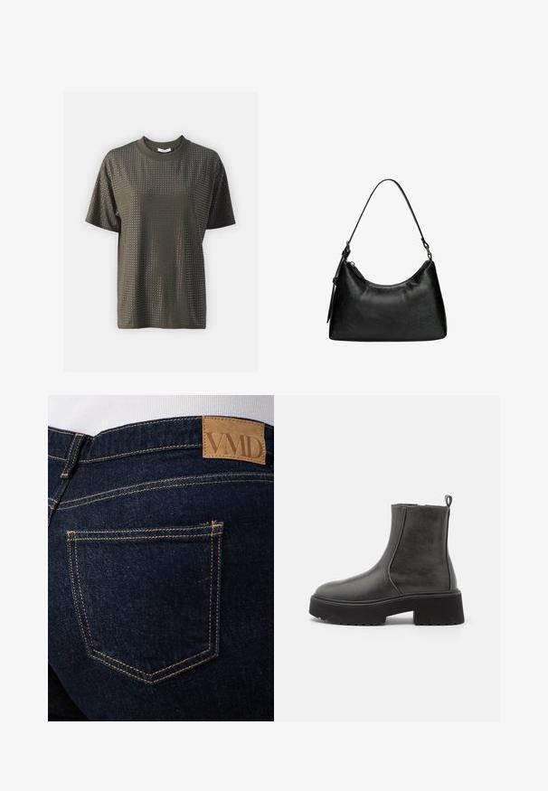 Olivenfarvet kortærmet t-shirt med rund halsudskæring, prydet med et prikket mønster hele vejen rundt, lavet af et glat og let stof.; Mørkeblå denimjeans med synlige orange syninger og en brun læderlap med mærket "VMD" over den bageste højre lomme.; Sorte ankelstøvler med en glat syntetisk overdels, elastiske sidepaneler, en hævet kant og en kraftig gummisål.; Sort syntetisk læder håndtaske med en buet form, kort håndtag, lynlåslukning og en subtil tekstureret overflade.