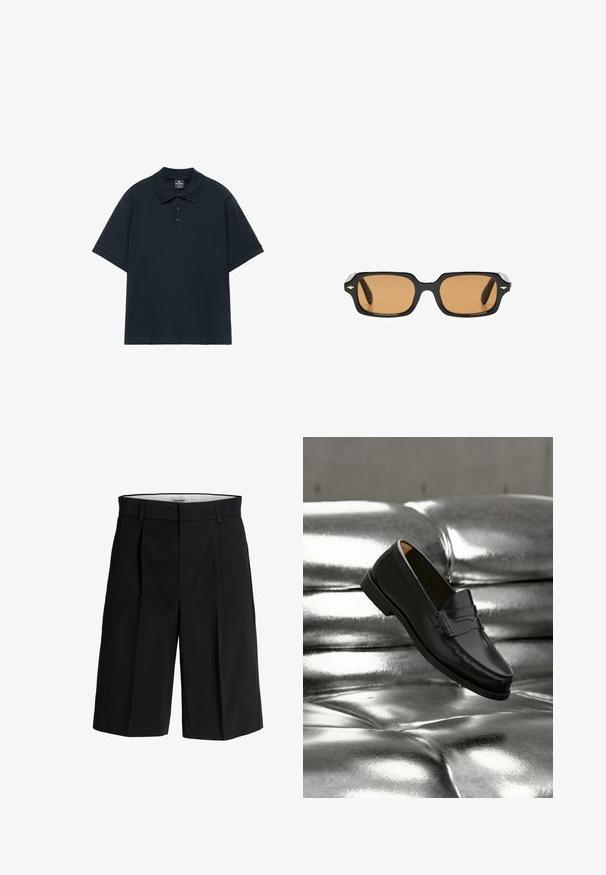 Polo noir à manches courtes avec trois boutons et col côtelé, présenté sur fond blanc.; Shorts noirs sur mesure avec passants de ceinture, plis sur le devant et fermeture éclair dissimulée, présentés sur fond blanc.; Mocassin en cuir noir flottant au-dessus d'un canapé en cuir argenté brillant matelassé à boutons dans un décor minimaliste.; Lunettes de soleil rectangulaires noires avec des verres teintés ambre et de petits accents métalliques en forme de diamant sur les coins avant de la monture.
