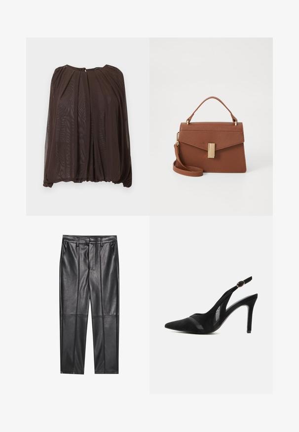 Dunkelbraune, transparente Bluse mit langen Ärmeln, gerafftem Ausschnitt und lockerem, fließendem Schnitt vor einfarbigem Hintergrund.; Schwarze Lederhosen mit glatter Textur, gerader Passform, zwei Fronttaschen und sichtbaren Nahtdetails.; Schwarzer Wildleder-Spitzpumps mit Slingback, Mesh-Akzenten, dünnem hohem Absatz und goldenem Schnallenriemen vor einfachem Hintergrund.; Braune Kunstleder-Handtasche mit strukturiertem Design, Obergriff, abnehmbarem Tragegurt und goldfarbenem Verschluss. Texturierte Oberfläche mit schräger Klappe.