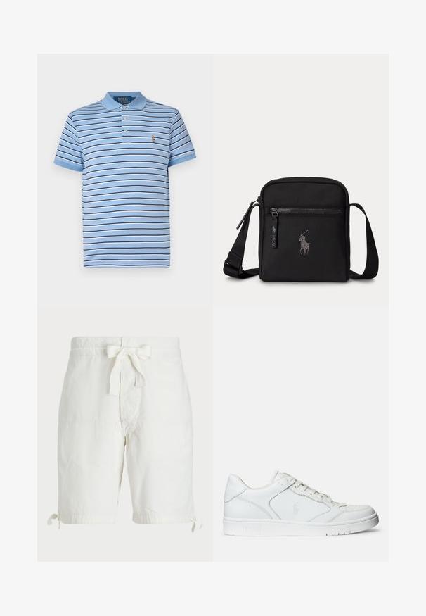 Lyseblå bomulds polo t-shirt med horisontale striber i marineblå og hvid, en to-knaps placket og et broderet logo på brystet.; Hvide bomuldsshorts med en snøre i taljen, opfoldet kant med snørebånd og flade forlommer. Glat, let stofstruktur.; Hvide lædersneakers med en glat tekstur, der har en perforeret tå, snørebåndslukning og broderet logo på siden. Hvid gummisål.; Lille sort crossbody taske med frontlynlåslomme, justerbar rem og broderet polospiller logo foran.
