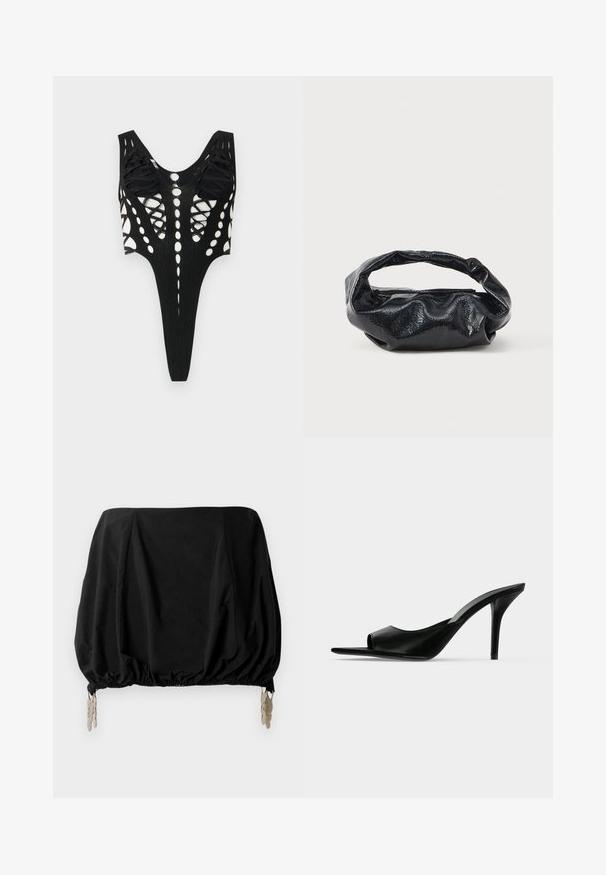 Sort bodysuit med udsparinger og snøredetaljer, der har en åben ryg og en ribbet tekstur. Højt skårede benåbninger.; Sort cropped top med en samlede design, med elastisk kant og metalliske clips som detaljer. Fremstillet af et letvægtsstof.; Sort læder åben tå højhælet mule med en slank stilet hæl, vist i sideprofil på en ensfarvet baggrund.; Sort taske lavet af blankt, tekstureret materiale med et cirkulært, snoet håndtag og lynlås. Har et blødt, rynket design.
