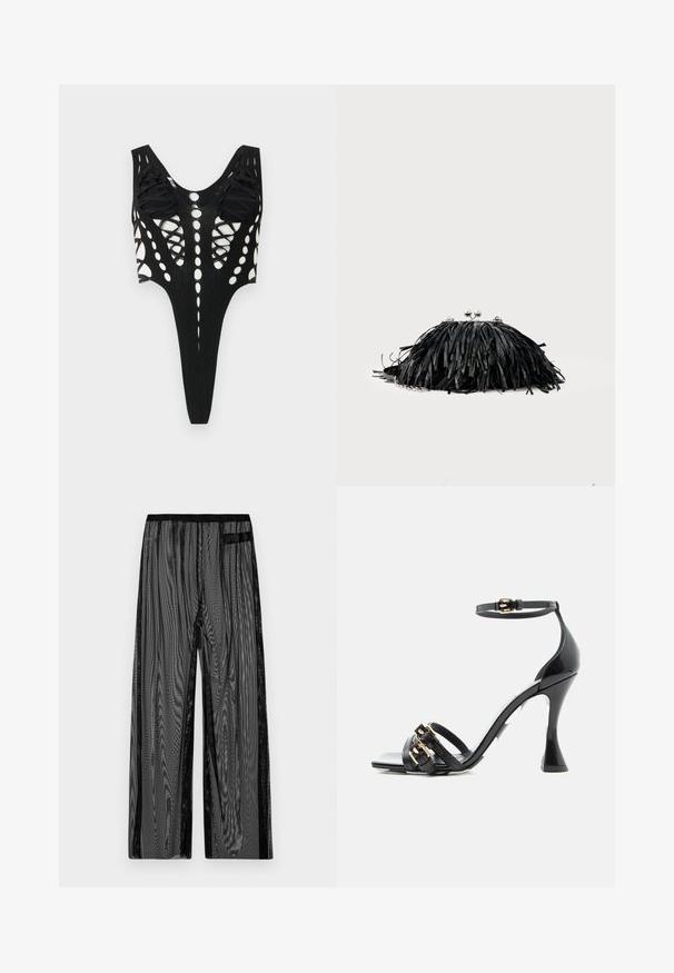 Bodysuit noir avec des découpes et des lacets, présentant un dos ouvert et une texture côtelée. Ouvertures de jambe à coupe haute.; Pantalons en mesh noir avec une coupe large, dotés d'une taille élastique noire et de poches latérales. Tissu léger et texturé.; Sandale à talon haut en cuir verni noir avec bride à la cheville et deux brides frontales agrémentées de détails de boucles dorées, vue de profil sur fond blanc.; Pochette noire à franges avec fermoir argenté et chaîne, sur un fond clair uni.