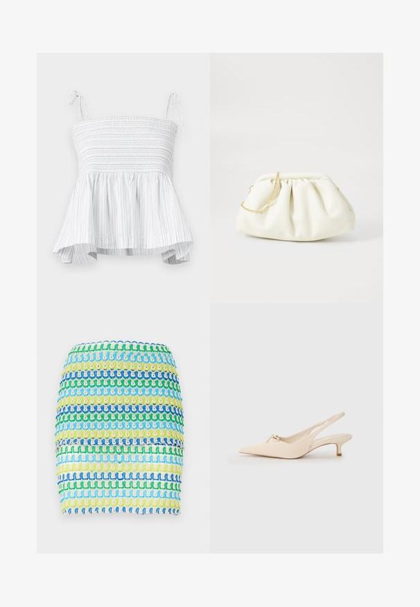 Hvid strapless top med smocked overdel og flared kant. Har lodrette lysegrå striber og justerbare bånd til en sikker pasform.; Tekstil mini skirt med horisontale striber i blå, grøn og gul. Designet har et tekstureret, vævet udseende med et lagdelt effekt.; Spidsnæbbede slingback sko i off-white læder, med en lille sløjfedetalje og en lav kitten heel. Glat tekstur, minimalistisk design.; Hvid læderhåndtaske med en samlede design, forsynet med en guldkæde-strop og en rund form. Glat tekstur med bløde folder og ingen mønstre.