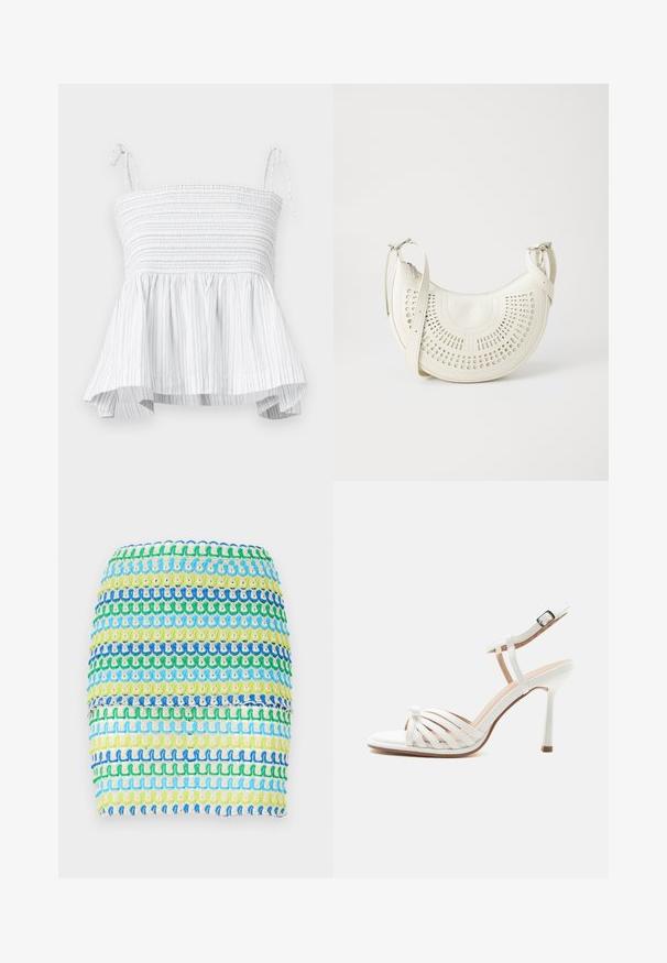 Top blanc sans bretelles avec un corsage smocké et un ourlet évasé. Présente des rayures verticales grises claires et des bretelles à nouer ajustables pour un ajustement sécurisé.; Mini-jupe en textile avec des rayures horizontales bleues, vertes et jaunes. Le design présente une apparence tissée et texturée avec un effet superposé.; Sandale blanche à talon haut avec une bride à la cheville et une boucle, bout ouvert, et plusieurs fines brides sur le dessus du pied.; Sac à épaule en simili cuir blanc vegan avec un design circulaire perforé, une bandoulière réglable et un logo gravé à l'avant. Fermeture éclair en haut.