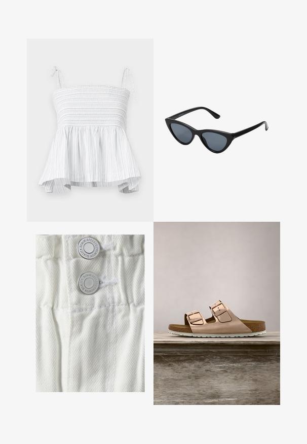 Hvid strapless top med smocked overdel og flared kant. Har lodrette lysegrå striber og justerbare bånd til en sikker pasform.; Vero Moda VMLYRA - Denimshorts - snow white; Rosenfarvede slidesandaler i metal med to justerbare metalspænder, korkfodbed og hvid gummisål. Glat metalfinish, åben tå-design.; Sorte katteøje solbriller med mørkegrå linser, slankt plastisk stel, spidse hjørner og lige stænger. Ingen synlig hardware eller dekorationer.