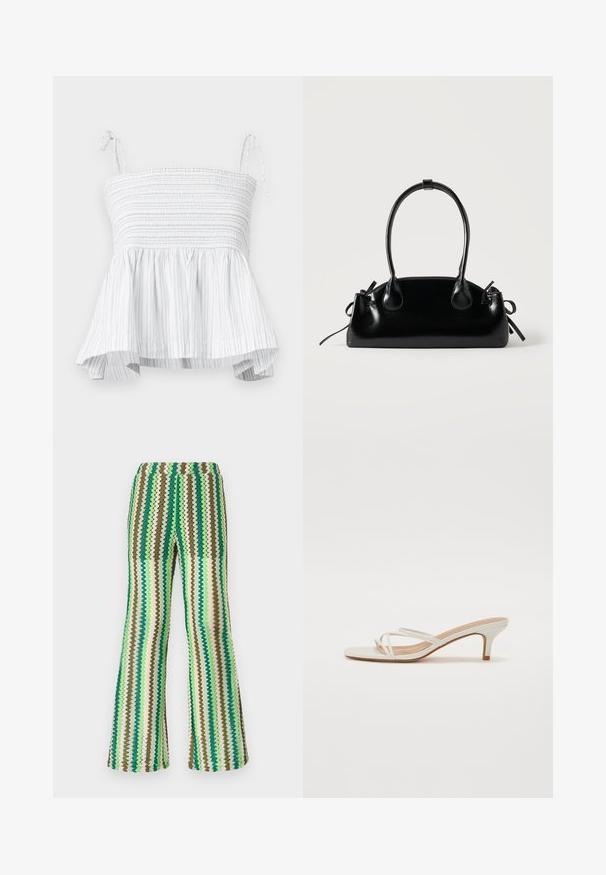 Hvid strapless top med smocked overdel og flared kant. Har lodrette lysegrå striber og justerbare bånd til en sikker pasform.; Strikkede flared bukser med zigzag-mønster i nuancer af grøn, brun og creme; strækbart taljebånd; struktureret overflade.; Hvide block-heel sandaler har tynde stropper og et kvadratisk tådesign. Hælen er ca. midt-høj, med en glat overflade.; Lille sort blank håndtaske med to lange håndtag og snøre-detaljer i siden på en ensfarvet lys baggrund.