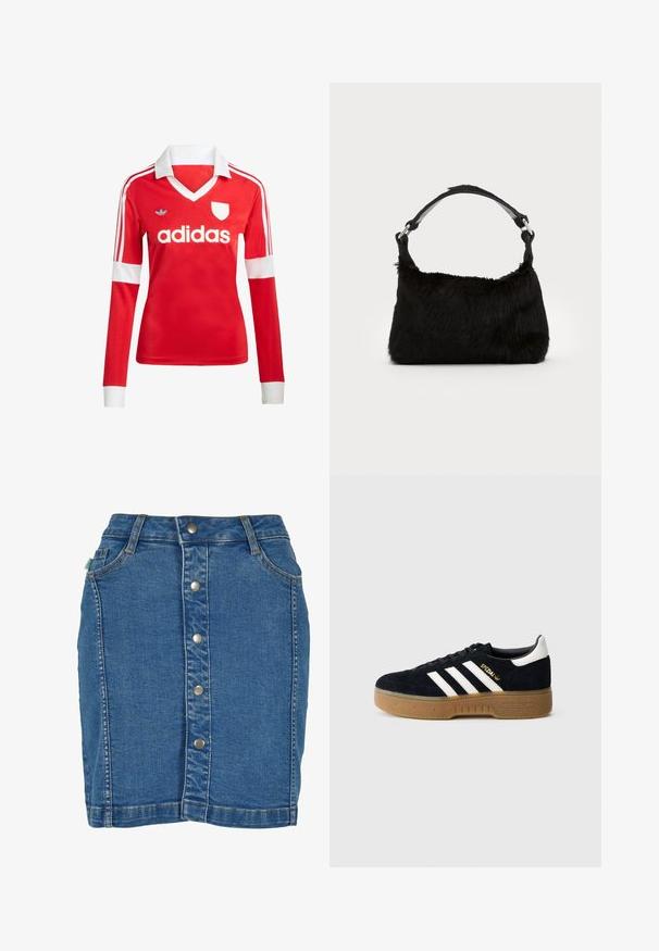Červený futbalový dres s dlhým rukávom a bielym golierom a manžetami. Na ramenách sú tri biele pruhy a výrazne zobrazené logo "adidas".; Džínová sukňa so zapínaním na prednej strane, priliehavý strih, svetlomodrá farba a jemné detaily prešitia.; Čierna semišová teniska s bielymi tromi pruhmi a zlatým logom. Podrážka v gumovej farbe s textúrovaným gripom. Klasický nízky dizajn s okrúhlou špičkou.; Čierna kabelka z umelého kožušiny s jemnou textúrou, zaobleným tvarom a pevným čiernym koženým ramenným popruhom. Viditeľné akcenty zo strieborného kovu.