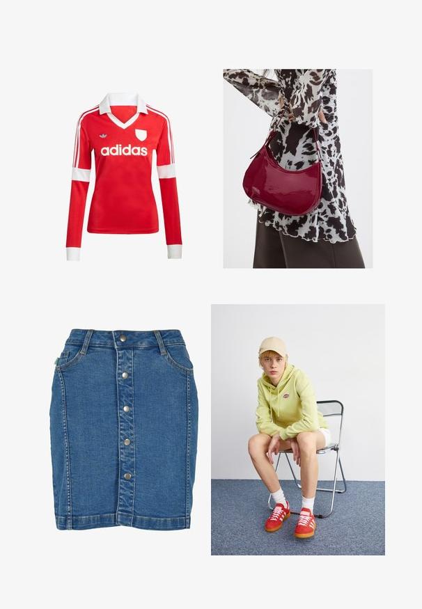 Punane pikade varrukatega jalgpallipluus valge krae ja varrukateotstega. Omab kolme valget triipu õlgadel ja väljapaistvat "adidas" logo.; Denim seelik, millel on eesnupud, keha lähedane lõige, helesinine värv ja diskreetsed õmblused.; Hele roheline kapuutsiga särgiga, valged lühikesed püksid, punased tossud valgete triipudega, istub kroomitud kokkuklapitaval toolil neutraalse tausta ees.; Naine, kes kannab must-valget mustriga pluusi ja hoiab läikivat punast õlakotti ühevärvilise tausta ees.