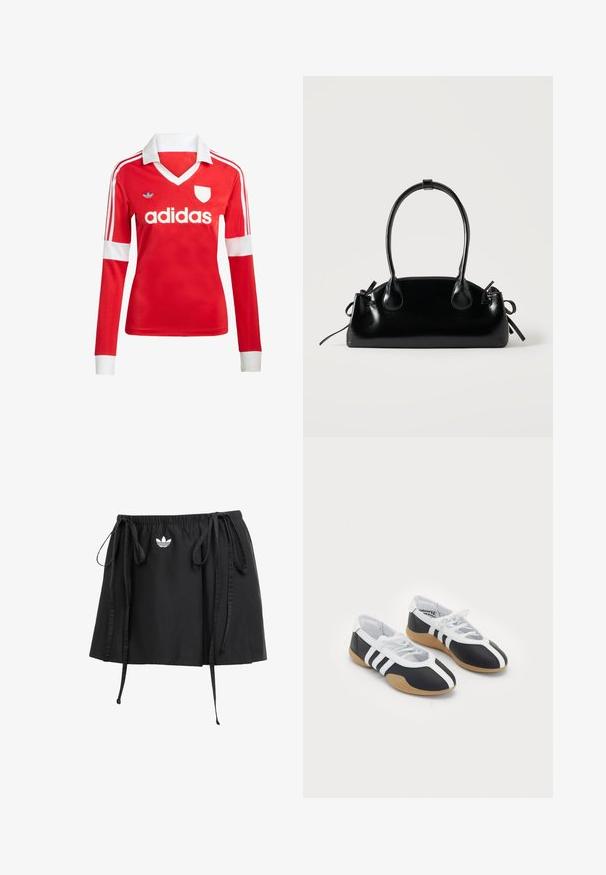 Rotes Fußballtrikot mit langen Ärmeln, weißem Kragen und weißen Ärmelbündchen. Es hat drei weiße Streifen auf den Schultern und das "adidas"-Logo ist auffällig platziert.; Schwarzer Sportrock mit verstellbaren Kordeln, mit einem kleinen weißen Logo auf der Vorderseite. Aus leichtem Stoff mit glatter Textur.; Schwarz-weiße Sportschuhe mit einem eleganten Design, Gummisohle, Schnürverschluss und drei weißen Streifen an den Seiten.; Kleine schwarze glänzende Handtasche mit zwei langen Griffen und seitlichen Kordelzug-Details vor einfachem hellem Hintergrund.
