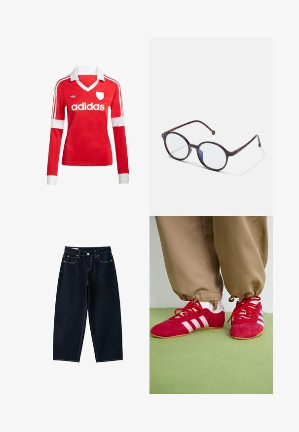 Červený futbalový dres s dlhým rukávom a bielym golierom a manžetami. Na ramenách sú tri biele pruhy a výrazne zobrazené logo "adidas".; Tmavomodré rifle so širokými nohavicami, piatimi vreckami, zapínaním na gombíky a kontrastným šitím na bielom pozadí.; Červené semišové športové topánky s bielymi pruhmi, plochou gumovou podrážkou a červenými šnúrkami. Nosia sa s béžovými nohavicami, umiestnené na zelenej ploche.; Kruhové rámy okuliarov z korytnačieho vzoru s priehľadnými šošovkami a jemným odrazom modrého svetla na bielom pozadí.