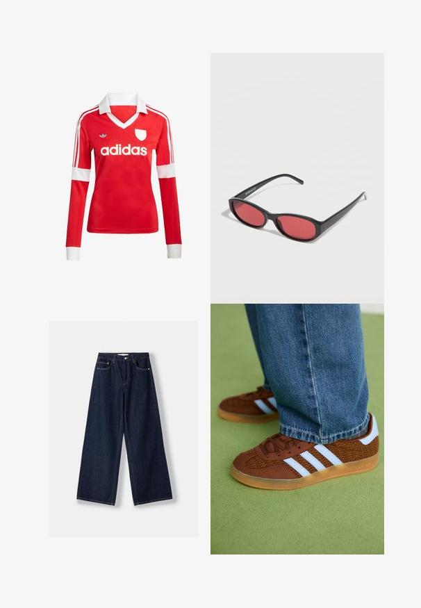 Rød langærmet fodboldtrøje med hvid krave og manchetter. Har tre hvide striber på skuldrene og "adidas" logoet fremtrædende vist.; Mørkeblå vidde denimjeans med knap- og lynlås foran, forlommer og bæltestropper, lagt fladt på en hvid baggrund.; Brune Adidas sneakers med hvide striber og gummisåler, båret med blå jeans på grøn tæppe.; Sorte ovale solbriller med tynde arme og rødtonede linser, der ligger på en hvid overflade.