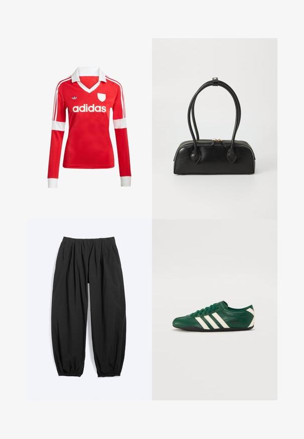 Rotes Fußballtrikot mit langen Ärmeln, weißem Kragen und weißen Ärmelbündchen. Es hat drei weiße Streifen auf den Schultern und das "adidas"-Logo ist auffällig platziert.; Lockere schwarze, zulaufende Hose mit elastischem Bund und Bündchen an den Knöcheln, aus leichtem Stoff.; Grüne Leder-Sneaker mit weißen Streifen, abgerundetem Zeh, Schnürdesign, schwarzer Sohle und "adidas TOKYO" Branding an der Seite.; Schwarze Lederhandtasche mit zwei verlängerten Griffen, Reißverschluss und runder Form; glatte Textur mit subtiler glänzender Oberfläche.