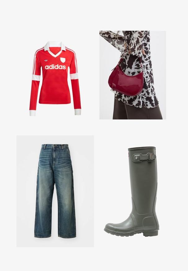 Rød langærmet fodboldtrøje med hvid krave og manchetter. Har tre hvide striber på skuldrene og "adidas" logoet fremtrædende vist.; Bredde ben denim jeans i en falmet blå vask. Har en knaplukning, fem lommer og synlige sømme. Materialet har en glat tekstur.; Grønne gummistøvler i knæhøjde med en tekstureret sål, rund tå, justerbar spænde på siden og glat finish.; Kvinde iført en sort- og hvidmønstret bluse, der holder en blank rød skuldertaske mod en ensfarvet baggrund.