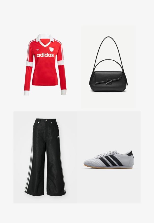 Punane pikade varrukatega jalgpallipluus valge krae ja varrukateotstega. Omab kolme valget triipu õlgadel ja väljapaistvat "adidas" logo.; Mustad mustadeline denimipüksid, millel on kummalgi küljel kolm valget triipu ja väike valge logo. Omab esikotte ja nööbiga kinnihoidmist.; Hallid spordijalatsid sujuva nahkviimistlusega, millel on kolm musta triipu, ümar toes ja kummine tald.; Mustast nahast käekott ümarate äärtega, asümmeetrilise kaanega, metallist ümar lukk ja nii lühikeste kui ka pikkade õlapaeltega.