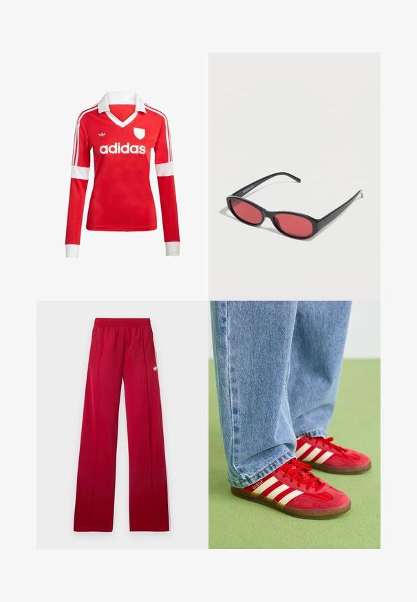 Rode lange mouwen voetbalshirt met een witte kraag en manchetten. Heeft drie witte strepen op de schouders en het "adidas" logo prominent weergegeven.; Rode trainingsbroek met wijd uitlopende pijpen, elastische tailleband, zijzakken met rits, witte strepen aan de zijkanten en een klein wit logo op de linker dij.; Rode suède sneakers met drie witte strepen, ronde neus en gestructureerde zool, gecombineerd met lichtblauwe spijkerbroek op een groene achtergrond.; Zwarte ovale zonnebril met slanke pootjes en rood getinte glazen, rustend op een witte ondergrond.