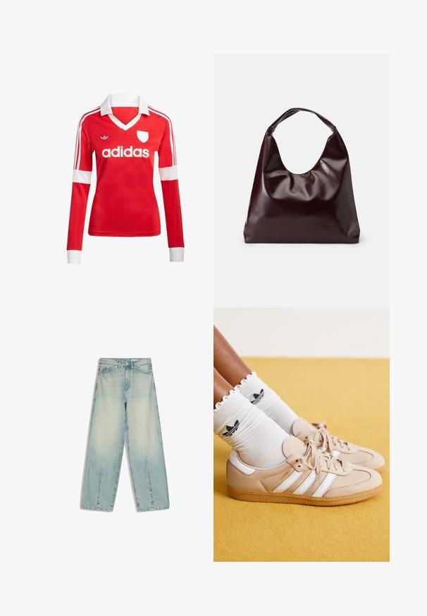 Červený futbalový dres s dlhým rukávom a bielym golierom a manžetami. Na ramenách sú tri biele pruhy a výrazne zobrazené logo "adidas".; Svetlomodré široké rifle s prednými vreckami, pútkami na opasok, zapínaním na gombík a jemným vyblednutým efektom.; Béžové kožené tenisky s bielymi pruhmi a zlatým logom, doplnené bielymi volánkovými ponožkami s čiernym logom. Textúrovaná gumená podrážka.; Burgundská, lesklá vegan kožená taška s mäkkým, sochárskym tvarom a širokým, zakriveným uchom pre jednoduché nosenie.