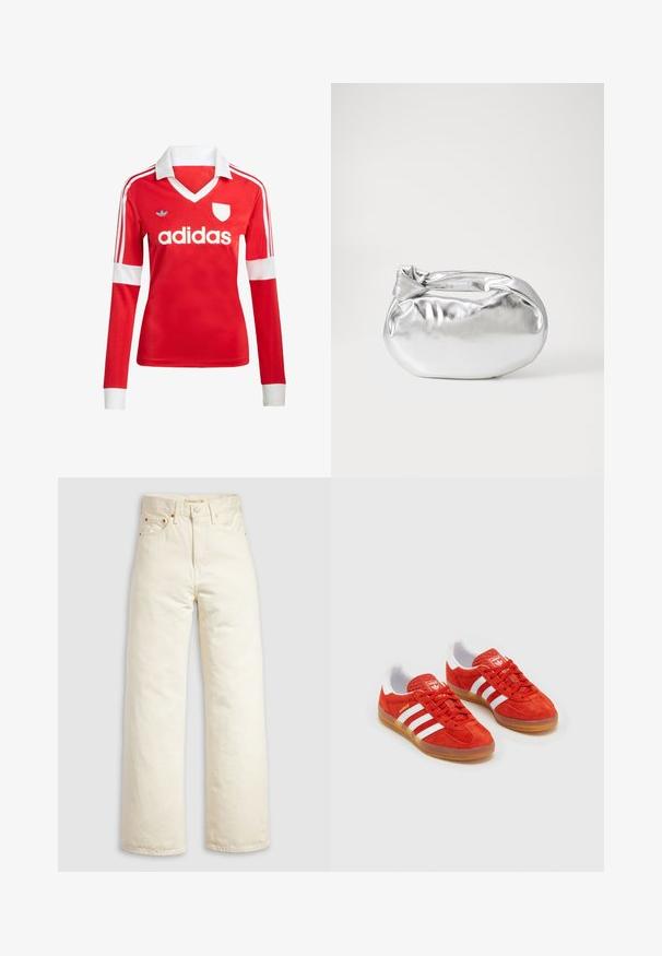 Rotes Fußballtrikot mit langen Ärmeln, weißem Kragen und weißen Ärmelbündchen. Es hat drei weiße Streifen auf den Schultern und das "adidas"-Logo ist auffällig platziert.; Jeans mit weitem Bein aus offweißem Denim, mit hohem Bund, kupferfarbenen Nieten und klassischem Fünf-Taschen-Design. Strukturierter Stoff mit sauberen Säumen.; Rote Wildleder-Sneaker mit weißen Streifen, Gummi-Sohle, gepolstertem Kragen und Logo auf der Zunge. Klassisches Design mit strukturiertem Obermaterial.; Silberne metallic Pouch-Tasche mit einer sanften, abgerundeten Form und einem geknoteten Verschluss oben. Hergestellt aus glattem Kunstleder.