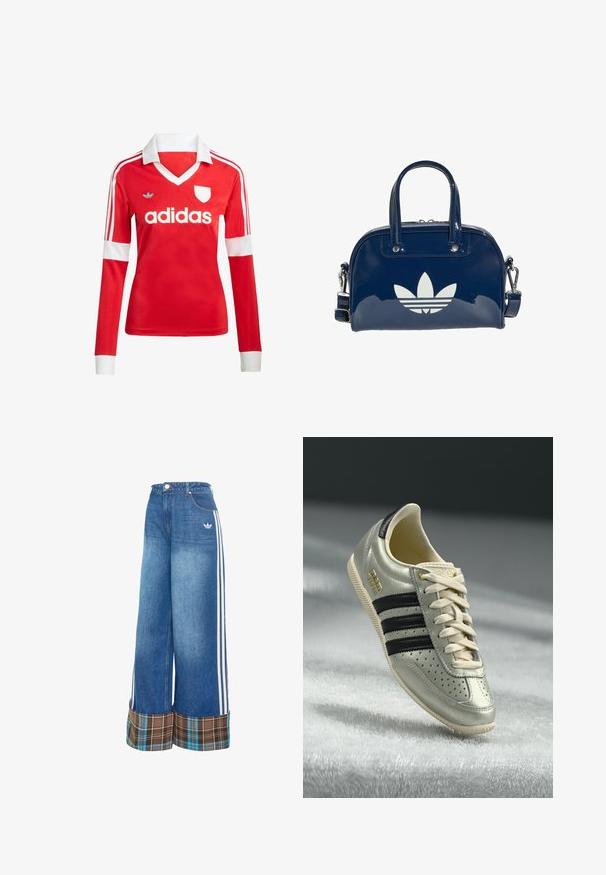 Rotes Fußballtrikot mit langen Ärmeln, weißem Kragen und weißen Ärmelbündchen. Es hat drei weiße Streifen auf den Schultern und das "adidas"-Logo ist auffällig platziert.; Weit geschnittene Jeanshosen in Hellblau, mit weißen Seitenstreifen und einem braunen karierten Bündchen. Hergestellt aus einem weichen, strukturierten Stoff.; Hellgraue Leder-Sneaker mit schwarzen Streifen, durchbrochenen Details, beigen Schnürsenkeln und einem goldenen Logo-Patch. Strukturierte Gummisohle.; Glänzende, dunkelblaue Handtasche mit zwei Griffen und verstellbarem Riemen, vorne mit einem großen weißen Adidas-Trefoil-Logo.