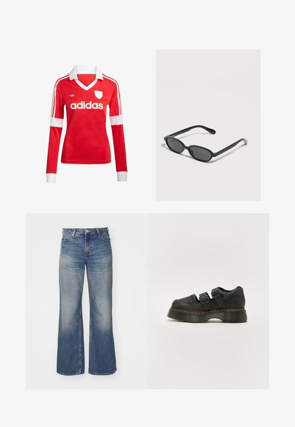 Červený futbalový dres s dlhým rukávom a bielym golierom a manžetami. Na ramenách sú tri biele pruhy a výrazne zobrazené logo "adidas".; Svetlomodré džínsy s širokým strihom, s vyblednutou farbou, piatimi vreckami a gombíkovým zapínaním. Dôkladné šitie pozdĺž švov.; Čierna kožená topánka s dvoma nastaviteľnými prackami, zvýšenou textúrovanou podrážkou a viditeľným oranžovým prešitím pozdĺž medzipodrážky.; Čierne oválne slnečné okuliare s tmavými sklami a tenkými rámikmi ležiace na svetlej ploche.