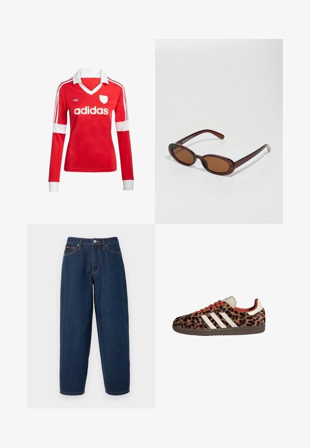 Maillot de football à manches longues rouge avec un col et des poignets blancs. Présente trois rayures blanches sur les épaules et le logo "adidas" affiché en évidence.; Jean denim bleu foncé coupe droite avec cinq poches, fermeture par bouton, et couture orange sur un fond uni.; Baskets en imprimé léopard avec un matériau en suède, lacets rouges et trois rayures blanches sur le côté. Présente une languette de couleur crème et une semelle marron.; Lunettes de soleil rondes teinte brun avec une monture bordeaux brillante. Branches fines avec un détail de marque subtil. Design de verres plats.