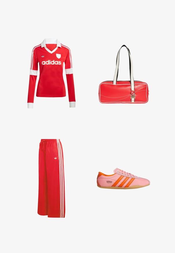 Rode lange mouwen voetbalshirt met een witte kraag en manchetten. Heeft drie witte strepen op de schouders en het "adidas" logo prominent weergegeven.; Rode atletische broek gemaakt van lichtgewicht materiaal, met een wijduitlopende pijp, elastische tailleband, trekkoord en drie witte strepen aan elke kant.; Roze sneaker met oranje accenten, voorzien van drie strepen, een gestructureerd materiaal, vetersluiting aan de voorkant en een rubberen zool. Branding op de zijkant.; Rode rechthoekige Adidas schoudertas met witte bies en lange witte handvatten, met zwart en goud logo detail aan de voorkant.