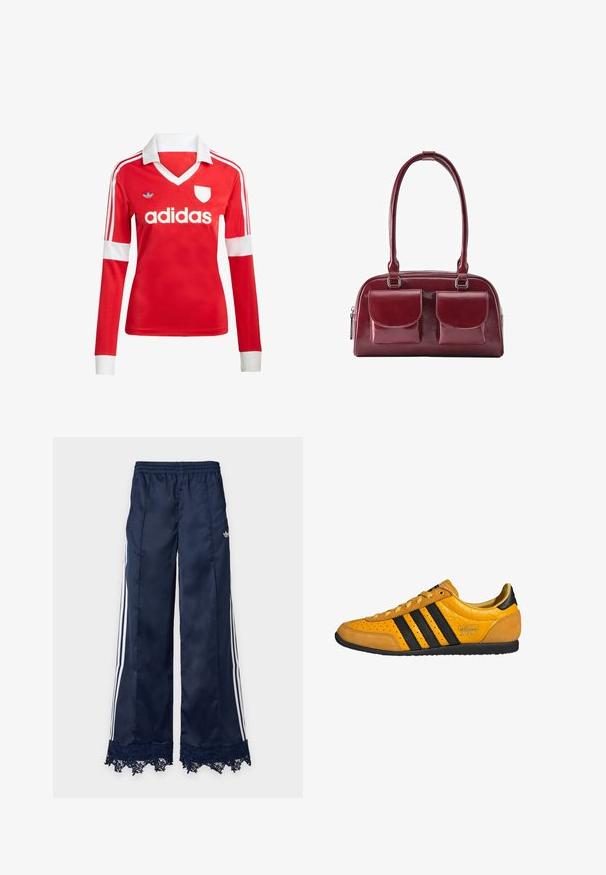 Rode lange mouwen voetbalshirt met een witte kraag en manchetten. Heeft drie witte strepen op de schouders en het "adidas" logo prominent weergegeven.; Marineblauwe trainingsbroek met wijde pijpen, witte zijstrepen, elastische tailleband, adidas-logo op de heup en kantafwerking aan de zoom.; Gele leren sneaker met zwarte strepen, vetersluiting, geperforeerde neus en gestructureerde hielaccenten met het label "adidas Japan." Rubber loopzool.; Donkerrode lederen handtas met twee voorvakken met kleppen en lange schouderbanden, getoond op een witte achtergrond.