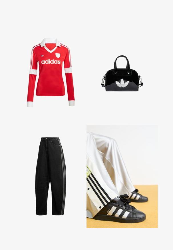 Červený futbalový dres s dlhým rukávom a bielym golierom a manžetami. Na ramenách sú tri biele pruhy a výrazne zobrazené logo "adidas".; Čierne džínsové nohavice so širokými nohavicami, vysokým pásom, zapínaním na gombík a zips, prednými vreckami a dvoma sivými pruhmi pozdĺž vonkajších bočných švov.; Čierne tenisky Adidas Campus so zlatými pruhmi a čiernymi šnúrkami, spárované s bielymi teplákmi so čiernymi pruhmi a logom.; Čierna lakovaná kožená kabelka s okrúhlym tvarom, dvojitými hornými rúčkami, striebornými akcentmi a výrazným bielym logom na prednej strane.