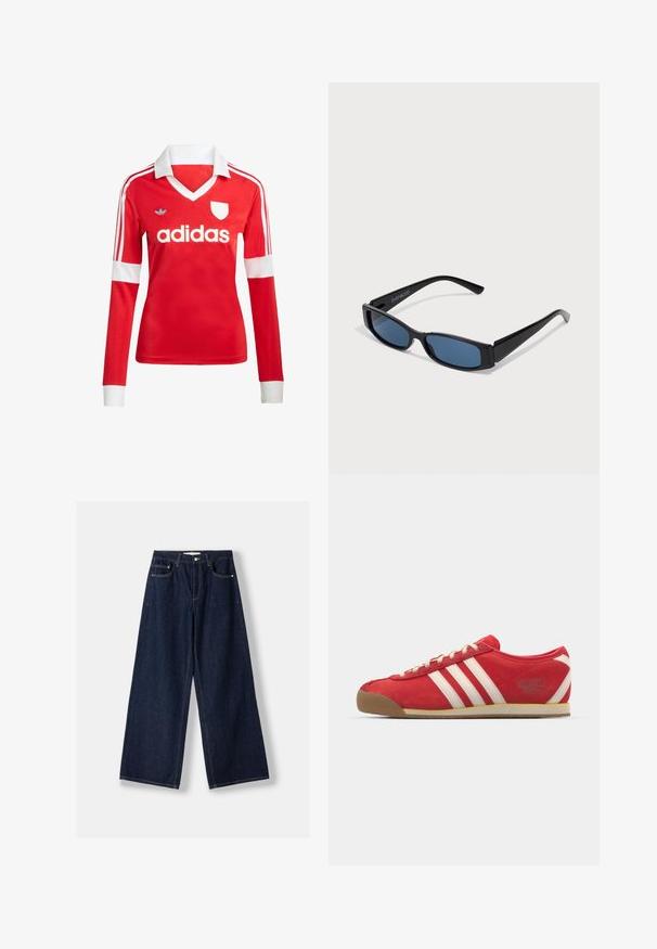 Červený futbalový dres s dlhým rukávom a bielym golierom a manžetami. Na ramenách sú tri biele pruhy a výrazne zobrazené logo "adidas".; Tmavomodré džínsové nohavice so širokými nohavicami, predným zapínaním na gombík a zips, prednými vreckami a pútkami na opasok, položené na bielom pozadí.; Červené semišové športové topánky s tromi bielymi pruhmi. Gumová podrážka, nízky strih, okrúly špička a šnurovanie. Nápis "adidas Italia" na boku.; Čierne slnečné okuliare s elegantným obdĺžnikovým rámom a modrými sklami. Majú hladký povrch a robustné ramienka. Na strane je logo značky.
