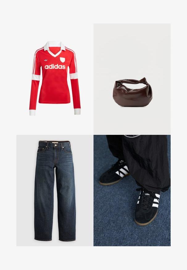 Červený futbalový dres s dlhým rukávom a bielym golierom a manžetami. Na ramenách sú tri biele pruhy a výrazne zobrazené logo "adidas".; TMavo modré džínsy vyrobené z denimu, s rovnými nohavicami, piatimi vreckami, zdobením švov a zapínaním na gombík.; Čierne roháčiky z semišu so tromi bielymi pruhmi a čiernymi šnúrkami. Texturované čierne nohavice sú čiastočne viditeľné vedľa topánok.; Tmavohnedá kožená kabelka cez rameno s mäkkým, voľným tvarom a držadlom v podobe skrúteného uzla na jednoduchom bielom pozadí.
