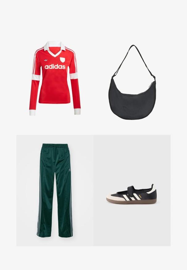 Maillot de football à manches longues rouge avec un col et des poignets blancs. Présente trois rayures blanches sur les épaules et le logo "adidas" affiché en évidence.; Pantalons de sport vert foncé en matériau brillant, avec des bandes latérales gris clair et un logo brodé sur la jambe gauche.; Baskets noires et beiges avec une bride en velcro, trois bandes blanches sur le côté, et une semelle en caoutchouc marron texturée. Logo de la marque visible.; Sac à épaule noir en forme de demi-lune avec bandoulière réglable et logo Adidas embossé discret à l'avant.