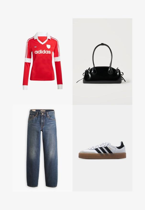 Rode lange mouwen voetbalshirt met een witte kraag en manchetten. Heeft drie witte strepen op de schouders en het "adidas" logo prominent weergegeven.; Donkerblauwe spijkerbroeken met een rechte pijp, voorzien van vijf zakken, koperen klinknagels en subtiele vervaging op de dijen.; Witte leren sneakers met zwarte strepen, gumrubberen buitenzool, ronde neus, vetersluiting en een zachte grijze suède neuskap.; Kleine zwarte glanzende handtas met twee lange hengsels en zijkant trekkoord details op een effen lichte achtergrond.