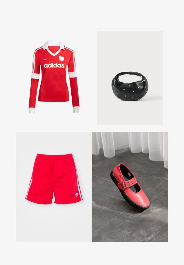 Rotes Fußballtrikot mit langen Ärmeln, weißem Kragen und weißen Ärmelbündchen. Es hat drei weiße Streifen auf den Schultern und das "adidas"-Logo ist auffällig platziert.; Rote Sportshorts mit elastischem Bund, ausgestattet mit weißen Seitenstreifen und einem gestickten Logo auf der unteren linken Seite. Glatte Textur.; Rote Mary Jane Schuhe mit schwarzer dicker Profilsohle und Schnallenriemen, die auf einem grauen Fliesenboden nahe durchsichtigen weißen Vorhängen liegen.; Schwarze Lederhandtasche mit abgerundeter Form, verziert mit silbernen Nietenakzenten und kurzem Griff. Glatte Struktur und Reißverschlussverschluss.