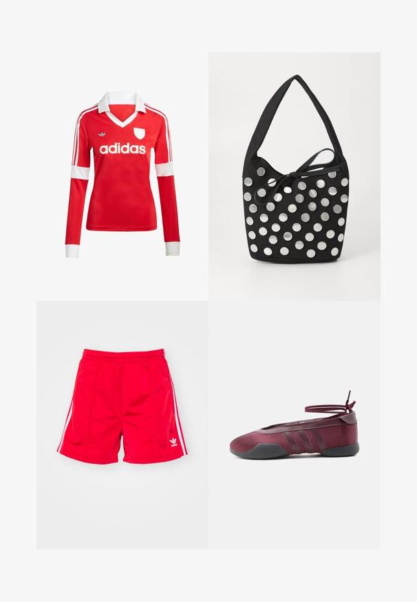Rød langærmet fodboldtrøje med hvid krave og manchetter. Har tre hvide striber på skuldrene og "adidas" logoet fremtrædende vist.; Røde sports shorts med elastisk talje, der har hvide sideløbninger og et broderet logo nederst til venstre. Glat tekstur.; Burgunderfarvet balletsko med sort sål, elastiske ankelstropper bundet i sløjfe og syninger på siderne, vist fra ydersiden.; Sort stof håndtaske med en afrundet form, der har sølvfarvede cirkulære metalnitter arrangeret i et mønster, samt et bundet stofaccent.