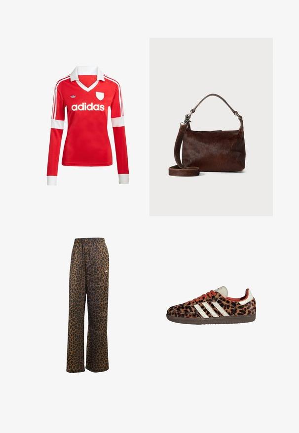Sarkana futbola krekls ar garajām piedurknēm, baltiem kraukļiem un aprocēm. Uz pleciem redzamas trīs baltas svītras un uzsvērta "adidas" logo.; adidas Originals WIDE LEG LEO PRINT SATIN PANTS - Treniņtērpa apakšdaļas - multicolor bronze strata; Leparda raksta čības ar zamša materiālu, sarkaniem šņorēm un trim baltām svītrām sānos. Iezīmē krēmkrāsas mēlīti un brūnu zoli.; Brūnas ādas soma ar mīkstu, teksturētu kažokādas līdzīgu virsmu, plānu dizainu, īsu rokturi un noņemamu siksnu.