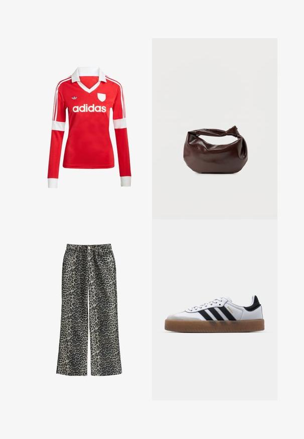 Rode lange mouwen voetbalshirt met een witte kraag en manchetten. Heeft drie witte strepen op de schouders en het "adidas" logo prominent weergegeven.; Leopardprint wijde broek van zachte stof, met een hoge taille, vijf zakken en metalen knoopsluiting.; Witte leren sneakers met zwarte strepen, gumrubberen buitenzool, ronde neus, vetersluiting en een zachte grijze suède neuskap.; Donkerbruine leren schoudertas met een zachte, slungelige vorm en een gedraaide knoopvormige handgreep op een effen witte achtergrond.