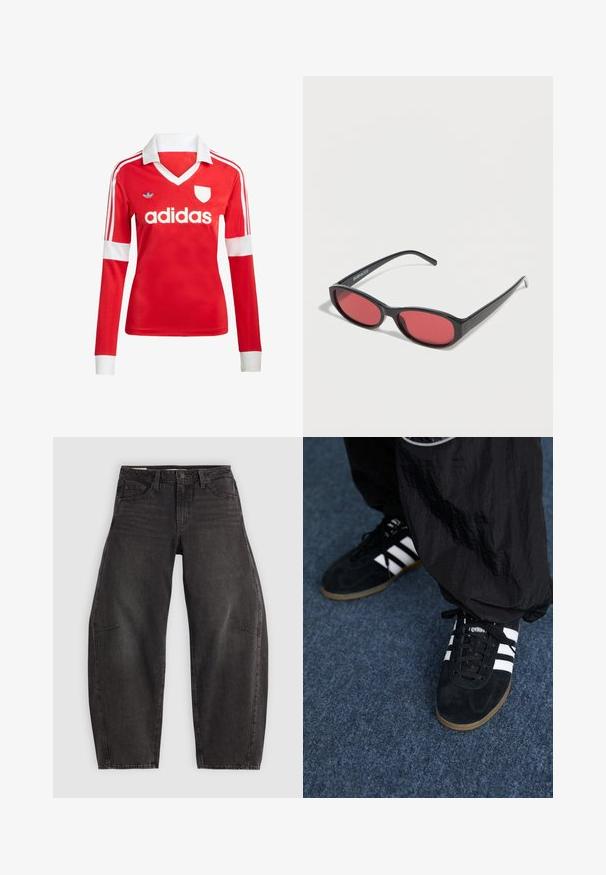 Rød langærmet fodboldtrøje med hvid krave og manchetter. Har tre hvide striber på skuldrene og "adidas" logoet fremtrædende vist.; Sorte denim jeans med en afslappet pasform, der har fem lommer, knaplukning og subtil fading. Stoffet har en glat, robust tekstur.; Sorte suedetrainingssko med tre hvide striber og sorte snørebånd. Et tekstureret sort bukser er delvist synligt ved siden af skoene.; Sorte ovale solbriller med tynde arme og rødtonede linser, der ligger på en hvid overflade.