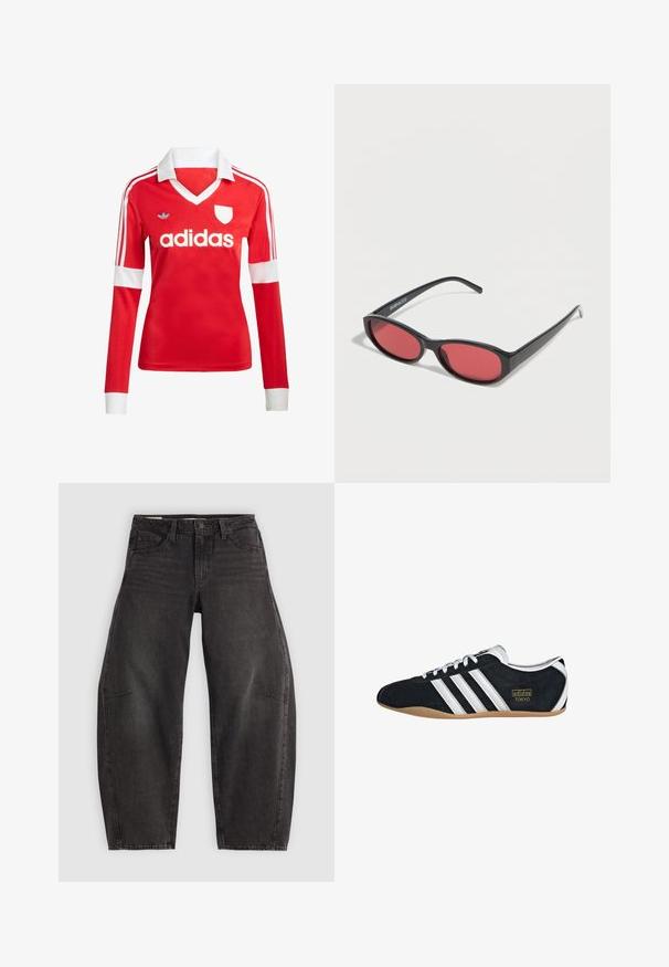 Rode lange mouwen voetbalshirt met een witte kraag en manchetten. Heeft drie witte strepen op de schouders en het "adidas" logo prominent weergegeven.; Zwarte denim jeans met een relaxed fit, voorzien van vijf zakken, een knoopsluiting en subtiele vervaging. De stof heeft een soepele, stevige textuur.; Zwarte suède sneaker met witte drie strepen, gouden logo en een bruine rubberen zool. Heeft een laag profiel vetersluiting ontwerp.; Zwarte ovale zonnebril met slanke pootjes en rood getinte glazen, rustend op een witte ondergrond.