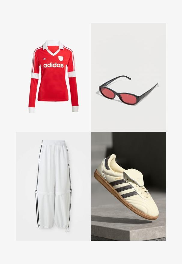 Rød langærmet fodboldtrøje med hvid krave og manchetter. Har tre hvide striber på skuldrene og "adidas" logoet fremtrædende vist.; Hvide sportbukser med en afslappet pasform, elastisk talje og sorte sidelæg. Har lynlåslommer og elastiske afslutninger ved anklerne.; Cremefarvede lædersneakers med tre mørke striber, en brun gummisål og en afrundet tå. Har en foldbar tunge mærket "SAMBA."; Sorte ovale solbriller med tynde arme og rødtonede linser, der ligger på en hvid overflade.